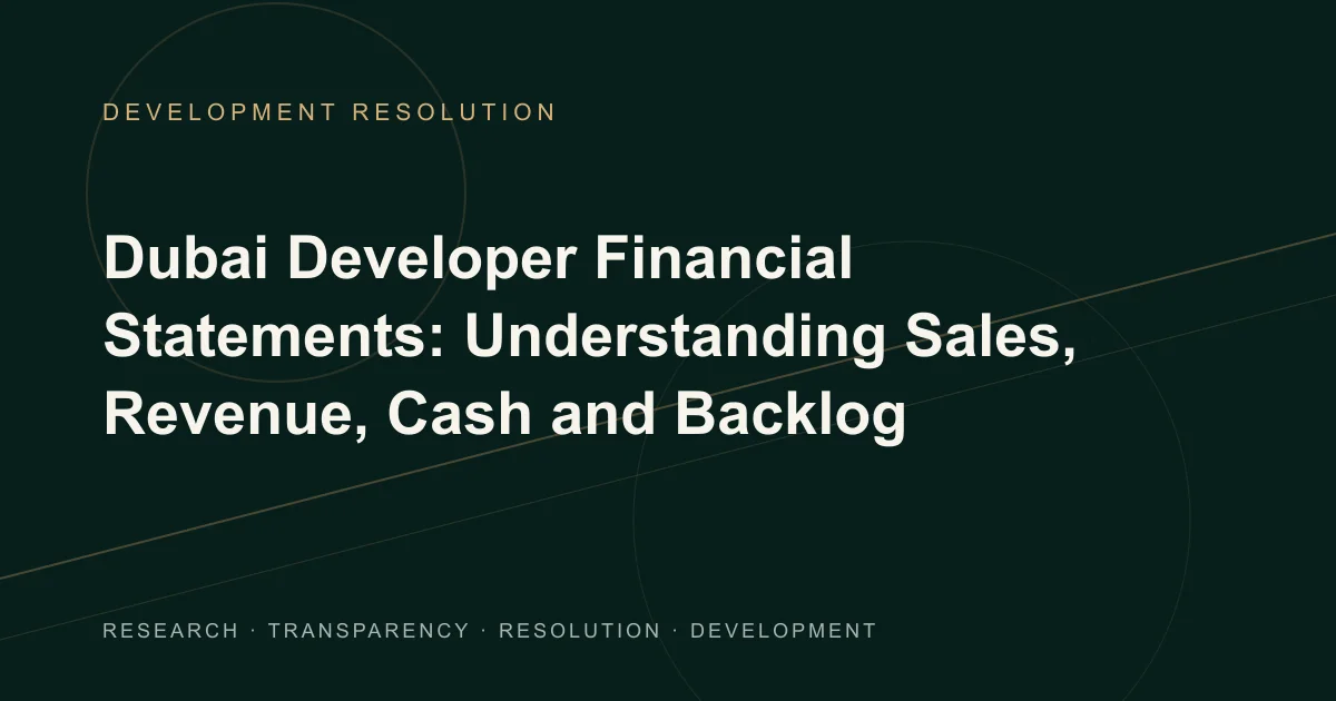 Conceptual Development Resolution illustration of separate sales, revenue, cash and backlog columns beside a dated developer-disclosure worksheet.