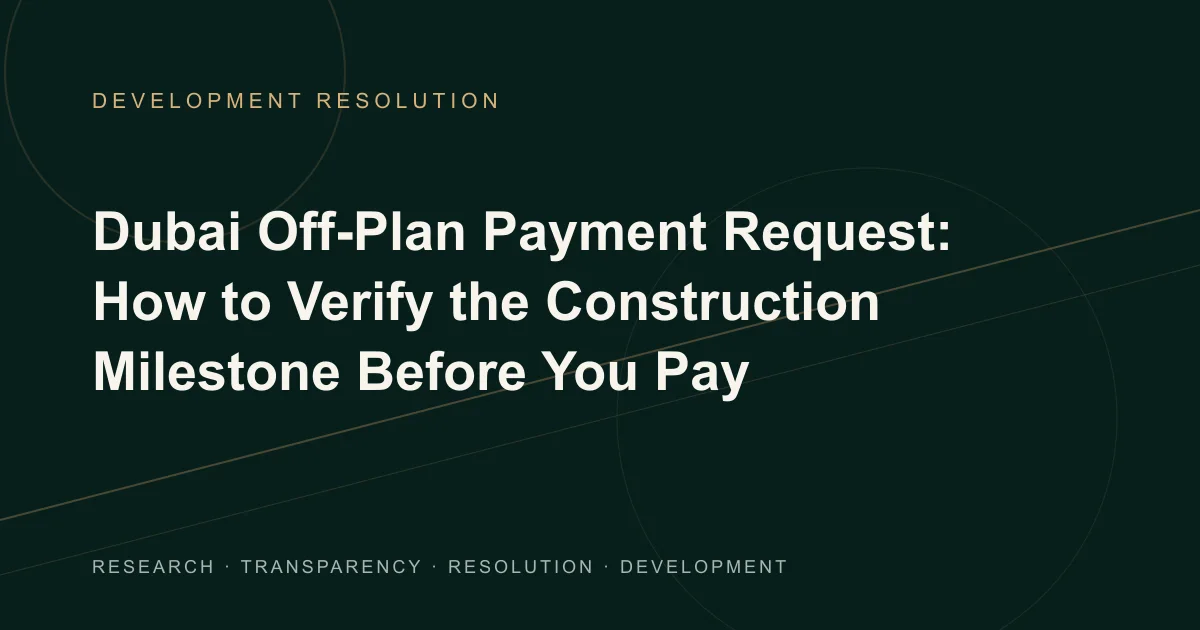 Conceptual Development Resolution illustration of an off-plan payment request beside a construction milestone schedule, project record and escrow check.