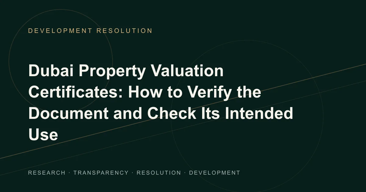 Conceptual Development Resolution illustration of a valuation review sheet connecting document verification, valuation dates, intended use and two hypothetical calculations.